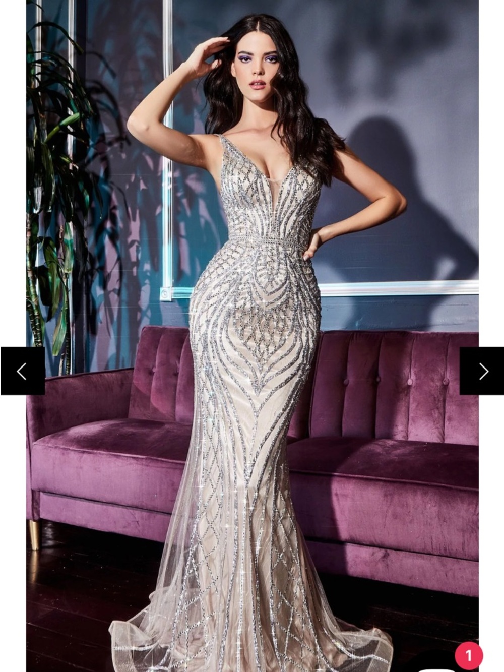 Elegant Beaded Champagne Evening Gown - V-Neck Mermaid Dress